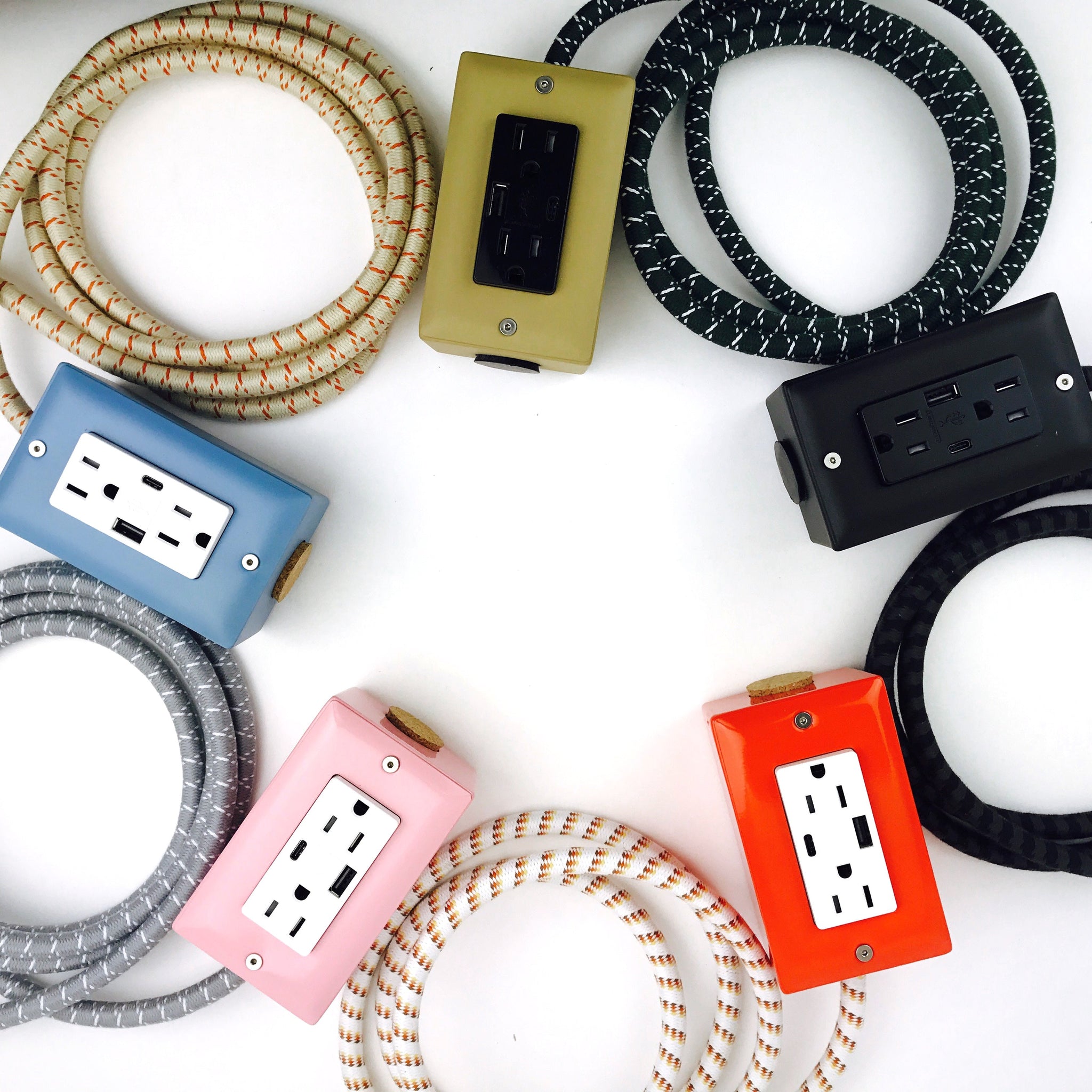 New! The First Smart Chip USB Type C® Ouija Beige/Purple Extension Cord - 8' Extō USBA/USBC Port, Dual-Outlet Power Cord