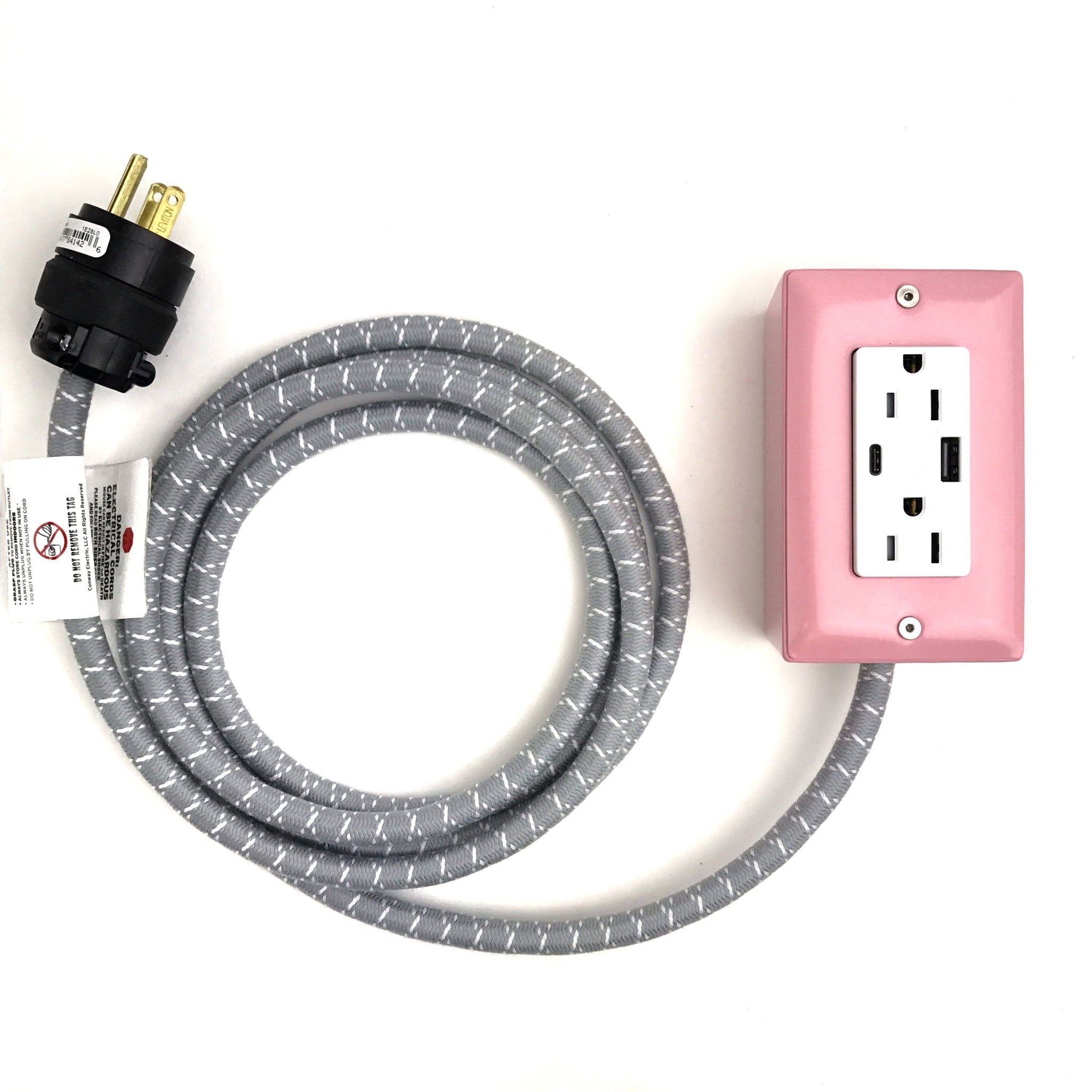 New! The First Smart Chip USB Type C® Extension Cord - 8ft Extō USBC Dual-Outlet Power Cord Candy Pink