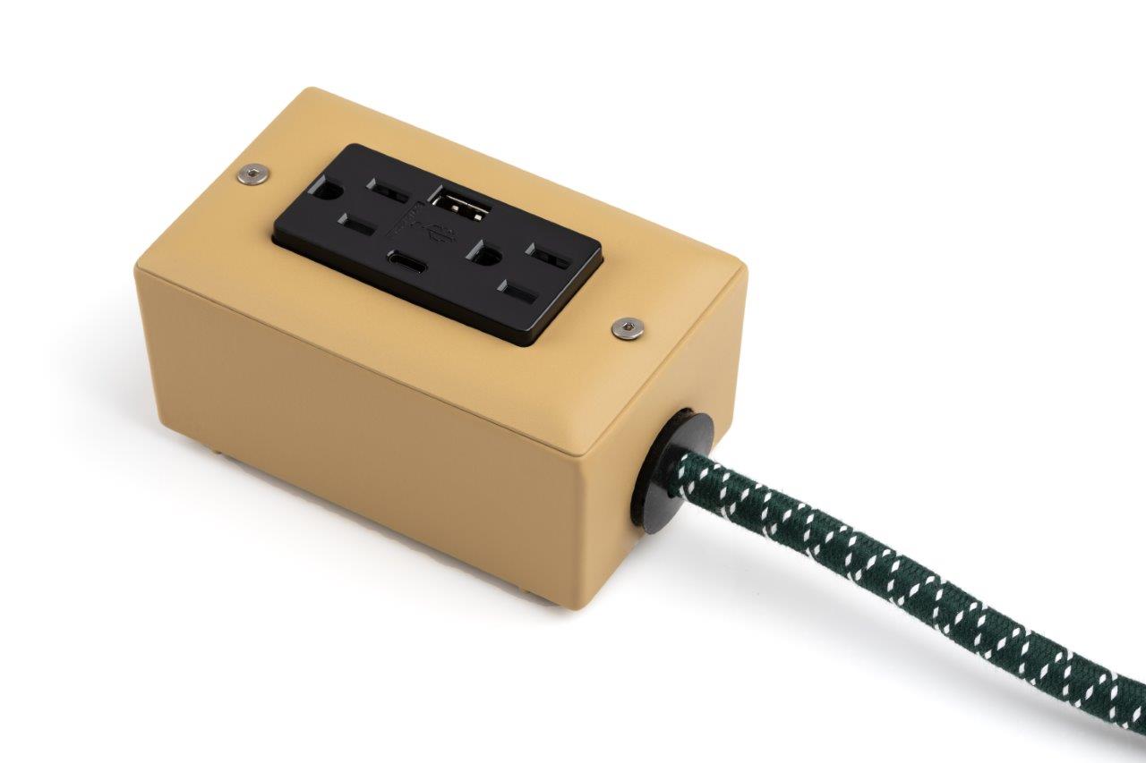 New! The First Smart Chip USB Type C® Forest Park Beige & Green Extension Cord - 8' Extō USBA/USBC Port, Dual-Outlet Power Cord