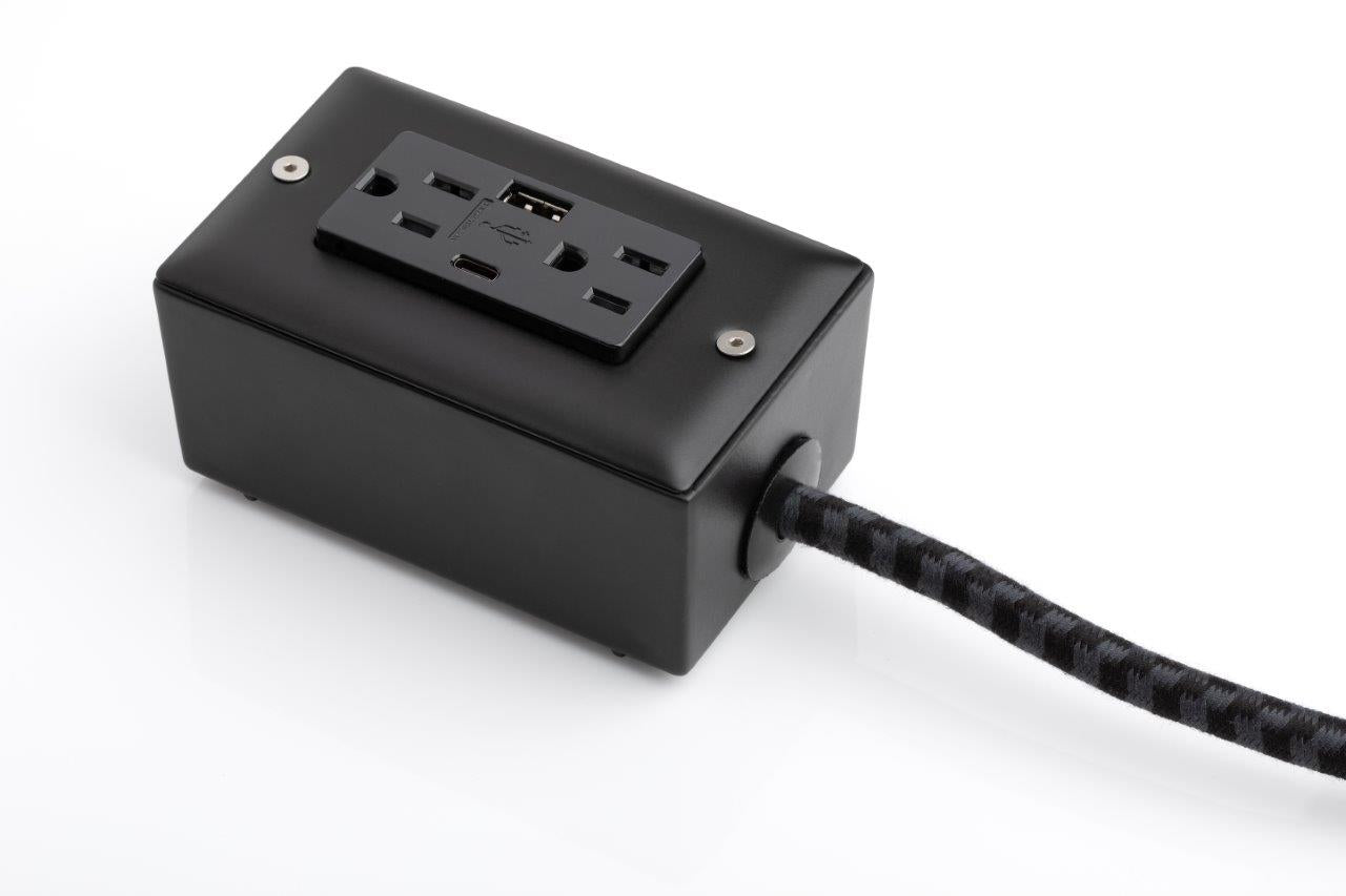 New! The First Smart Chip USB Type C® Carrara Black Extension Cord - 8FT Extō USBA/USBC or Dual USBC PD36W Port, Dual-Outlet Power Cord