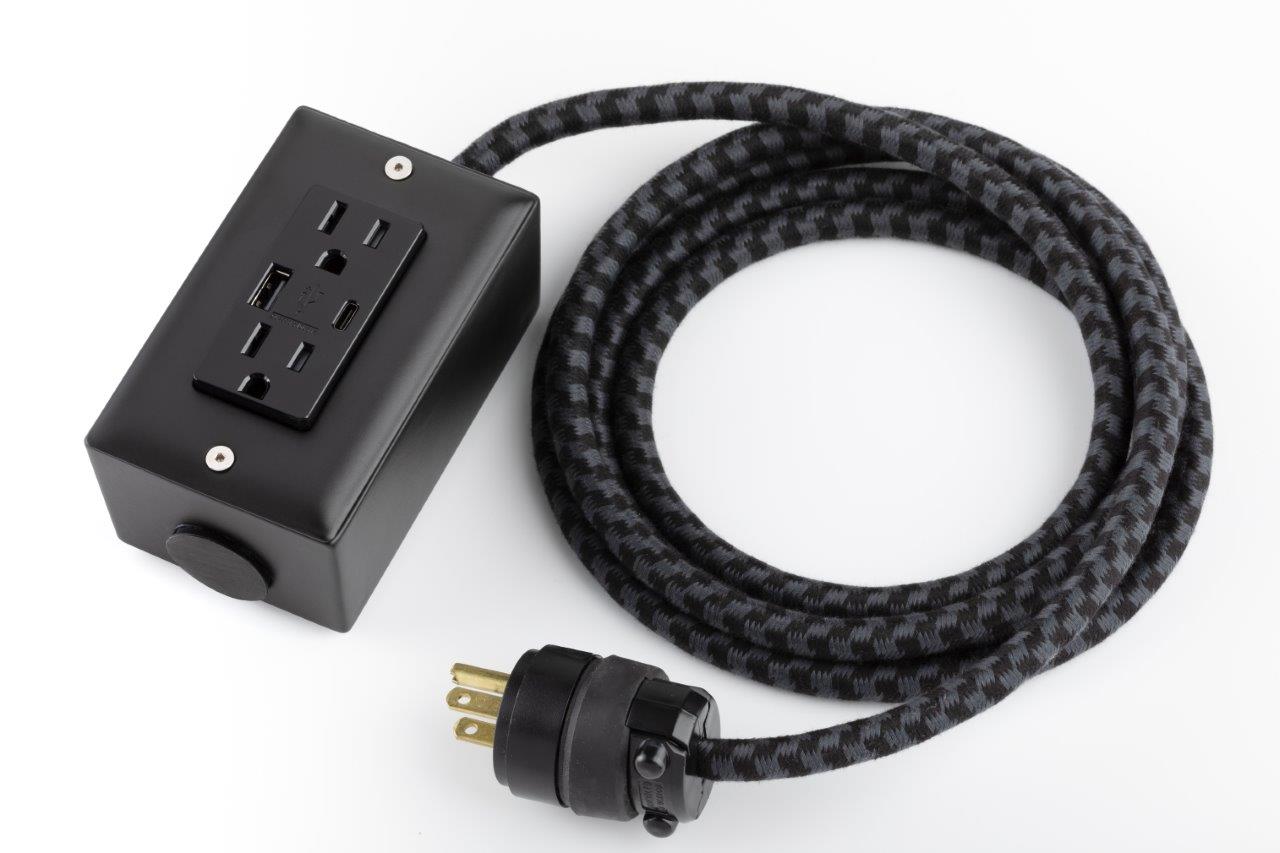 New! The First Smart Chip USB Type C® Carrara Black Extension Cord - 8FT Extō USBA/USBC or Dual USBC PD36W Port, Dual-Outlet Power Cord