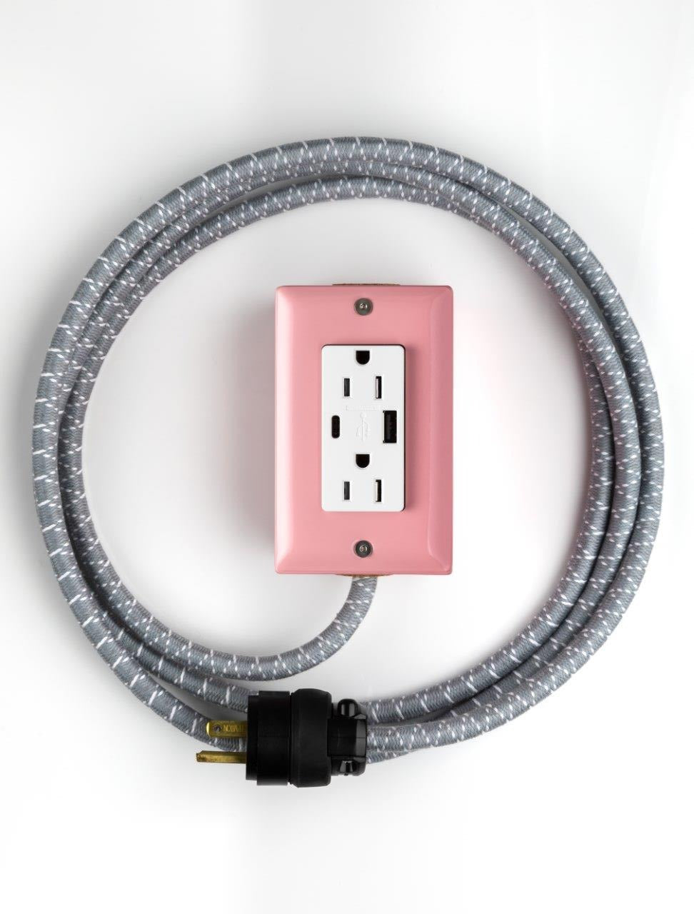New! The First Smart Chip USB Type C® Extension Cord - 8ft Extō USBC Dual-Outlet Power Cord Candy Pink