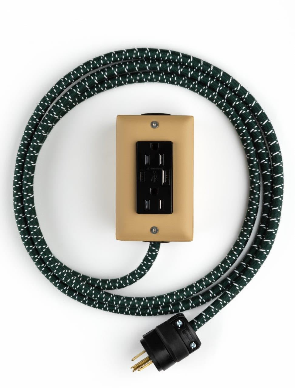 New! The First Smart Chip USB Type C® Forest Park Beige & Green Extension Cord - 8' Extō USBA/USBC Port, Dual-Outlet Power Cord