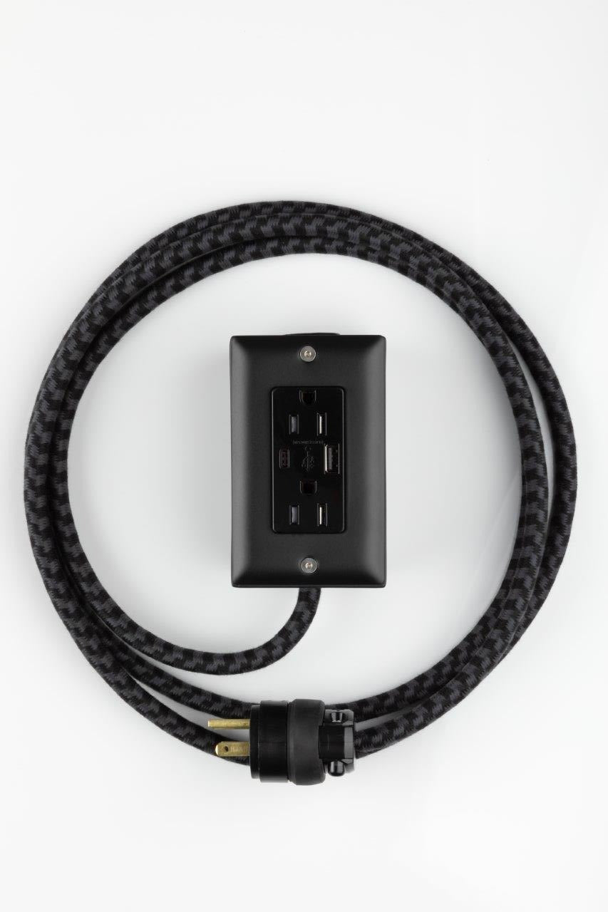 New! The First Smart Chip USB Type C® Carrara Black Extension Cord - 8FT Extō USBA/USBC or Dual USBC PD36W Port, Dual-Outlet Power Cord