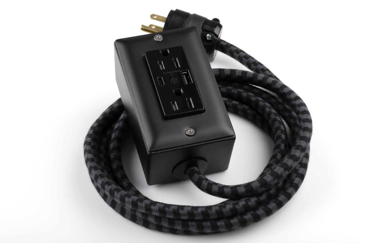 New! The First Smart Chip USB Type C® Carrara Black Extension Cord - 8FT Extō USBA/USBC or Dual USBC PD36W Port, Dual-Outlet Power Cord