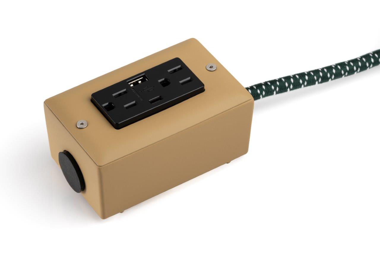 New! The First Smart Chip USB Type C® Forest Park Beige & Green Extension Cord - 8' Extō USBA/USBC Port, Dual-Outlet Power Cord