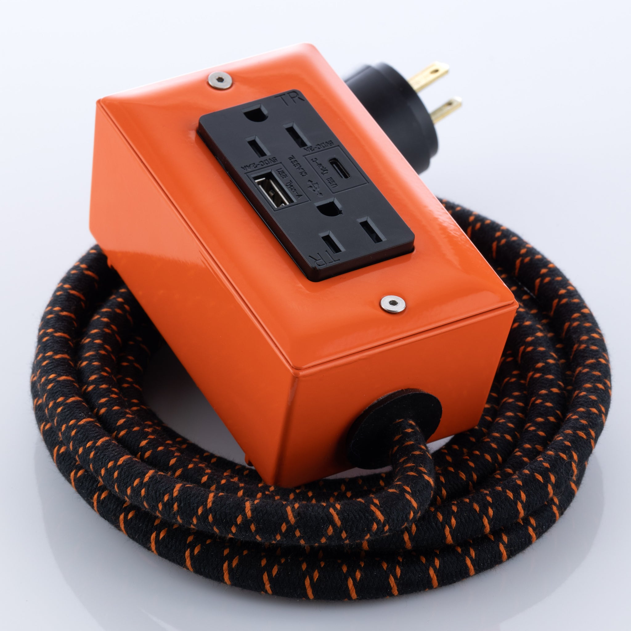 New! The First Smart Chip USB Type C® Pumpkin Orange Extension Cord - 8' Extō USBA/USBC Port, Dual-Outlet Power Cord