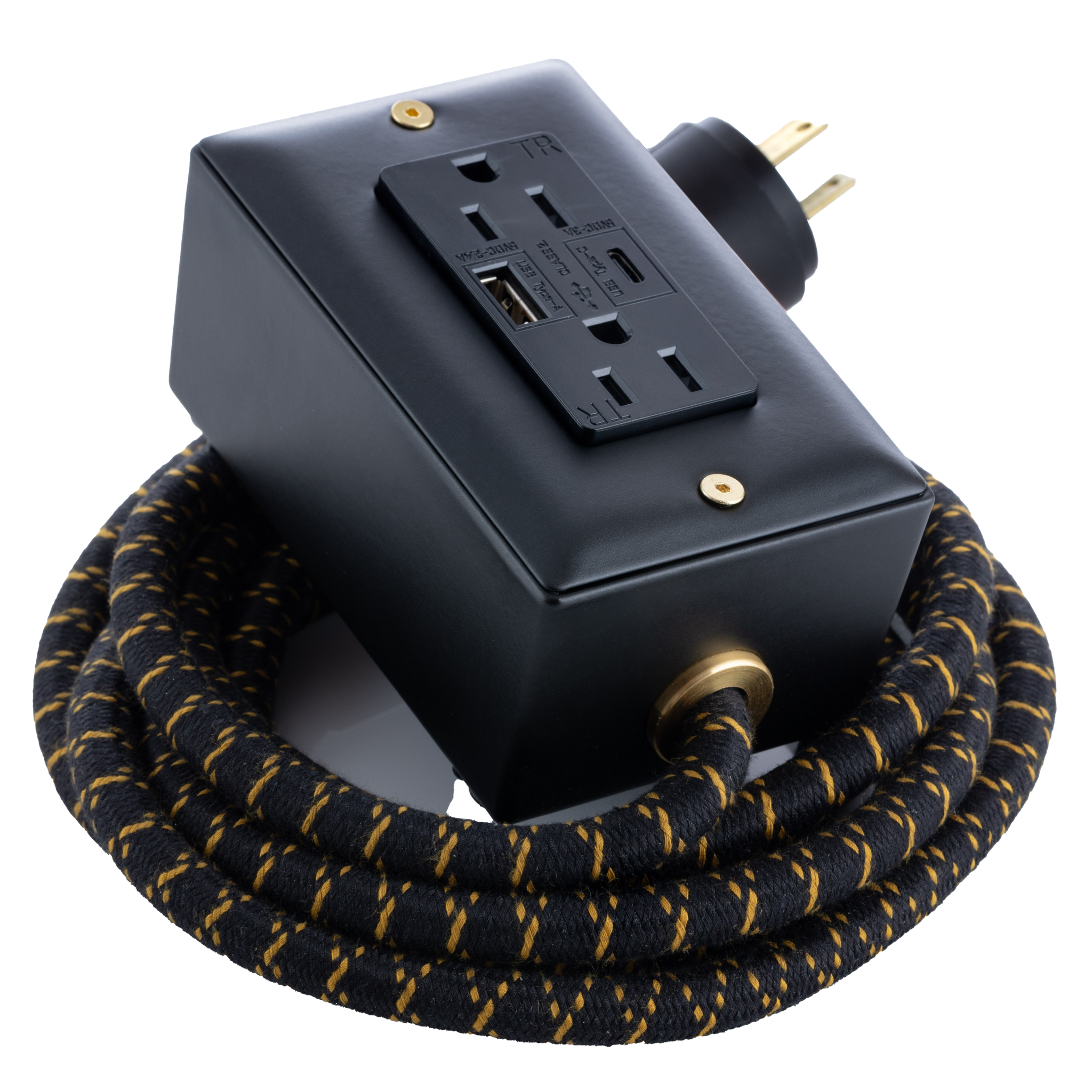 New! Extō USBC Carrara Black & Brass - The First Smart Charging USB Type C® Power Extension - USBC Dual-Outlet 15AMP Power Cord