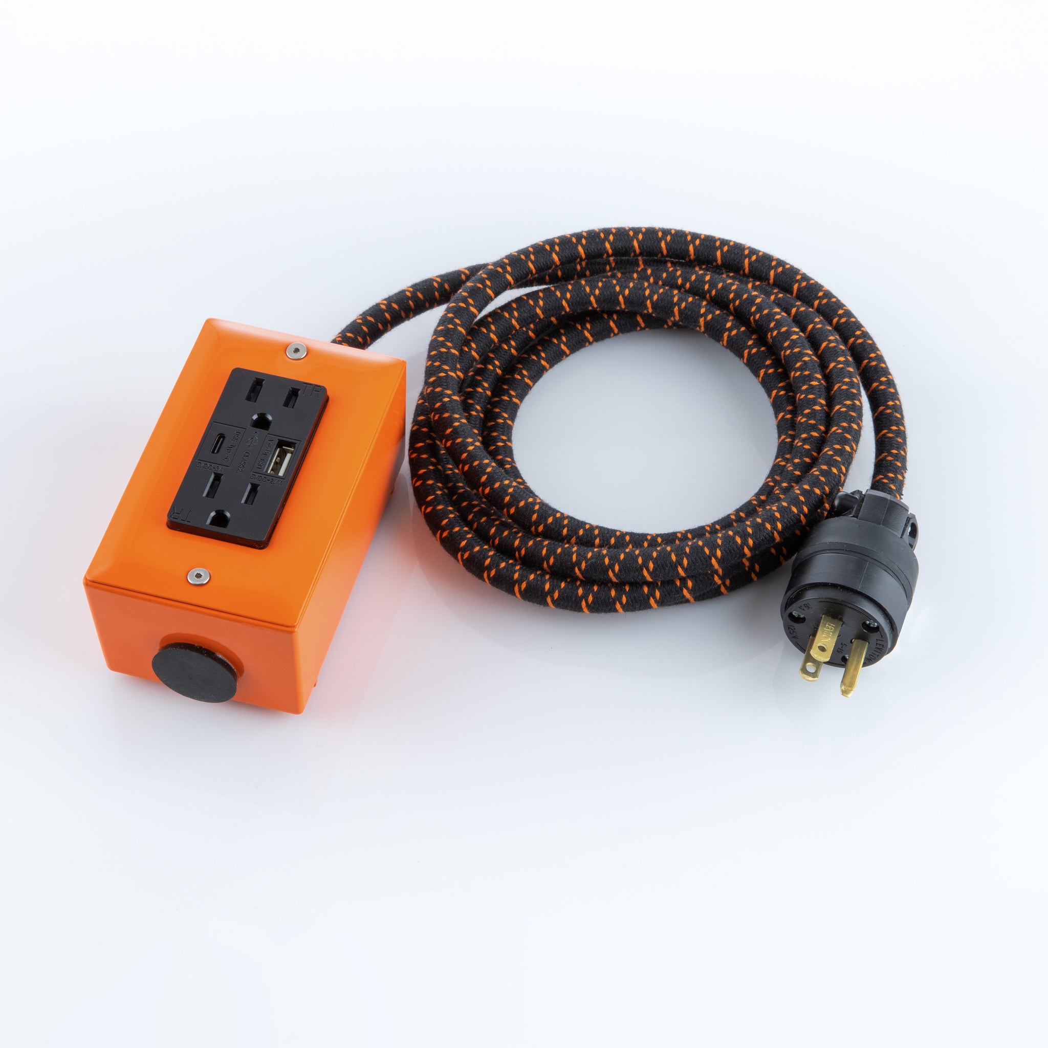 New! The First Smart Chip USB Type C® Pumpkin Orange Extension Cord - 8' Extō USBA/USBC Port, Dual-Outlet Power Cord