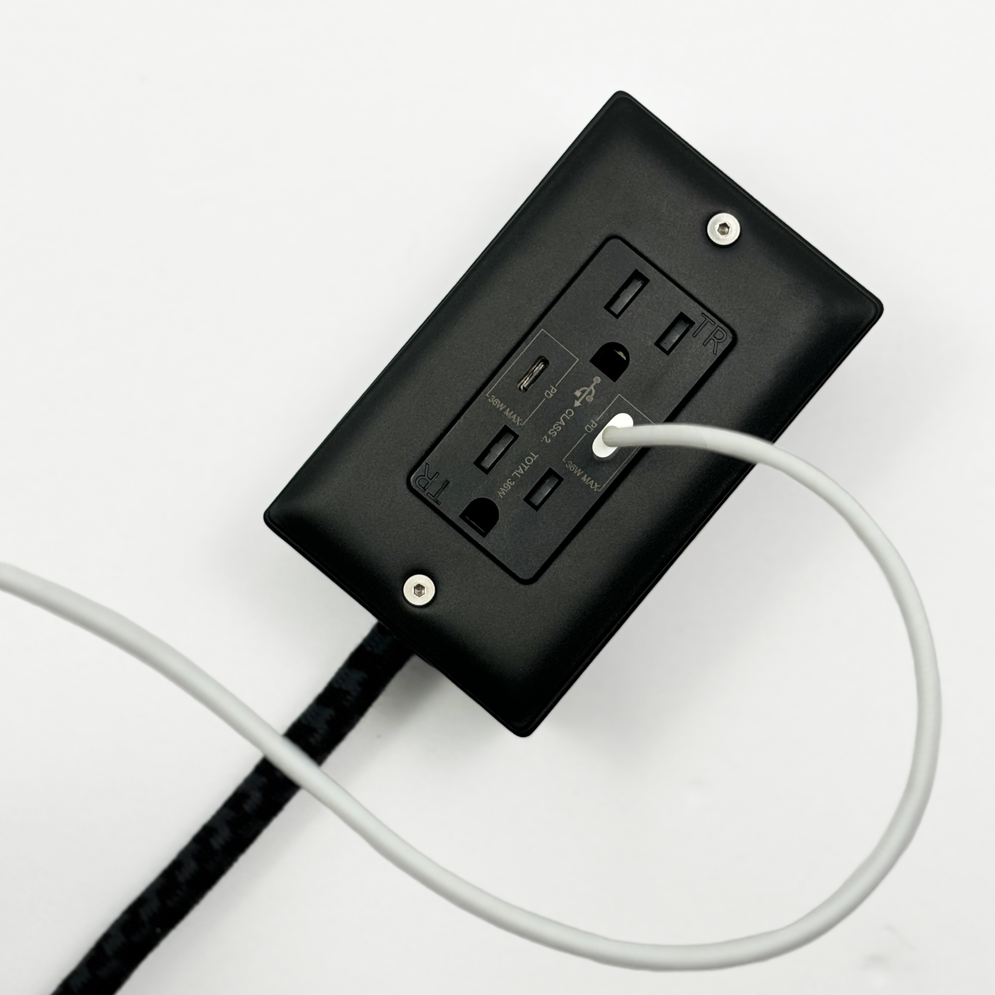 New! The First Smart Chip USB Type C® Carrara Black Extension Cord - 8FT Extō USBA/USBC or Dual USBC PD36W Port, Dual-Outlet Power Cord