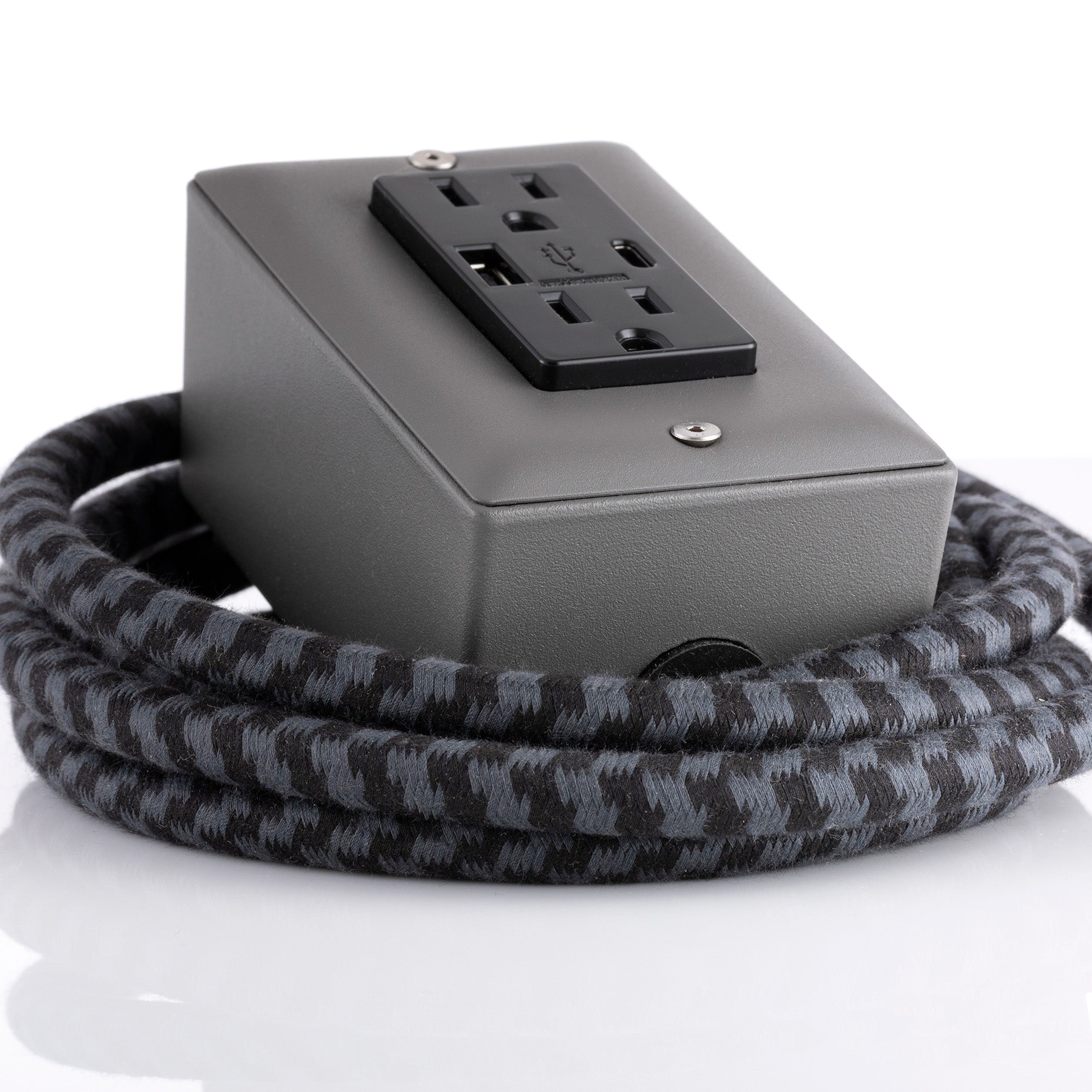 New! The First Smart Chip USB Type C® Humboldt Fog Gray Extension Cord - 8' Extō USBA/USBC Port, Dual-Outlet Power Cord