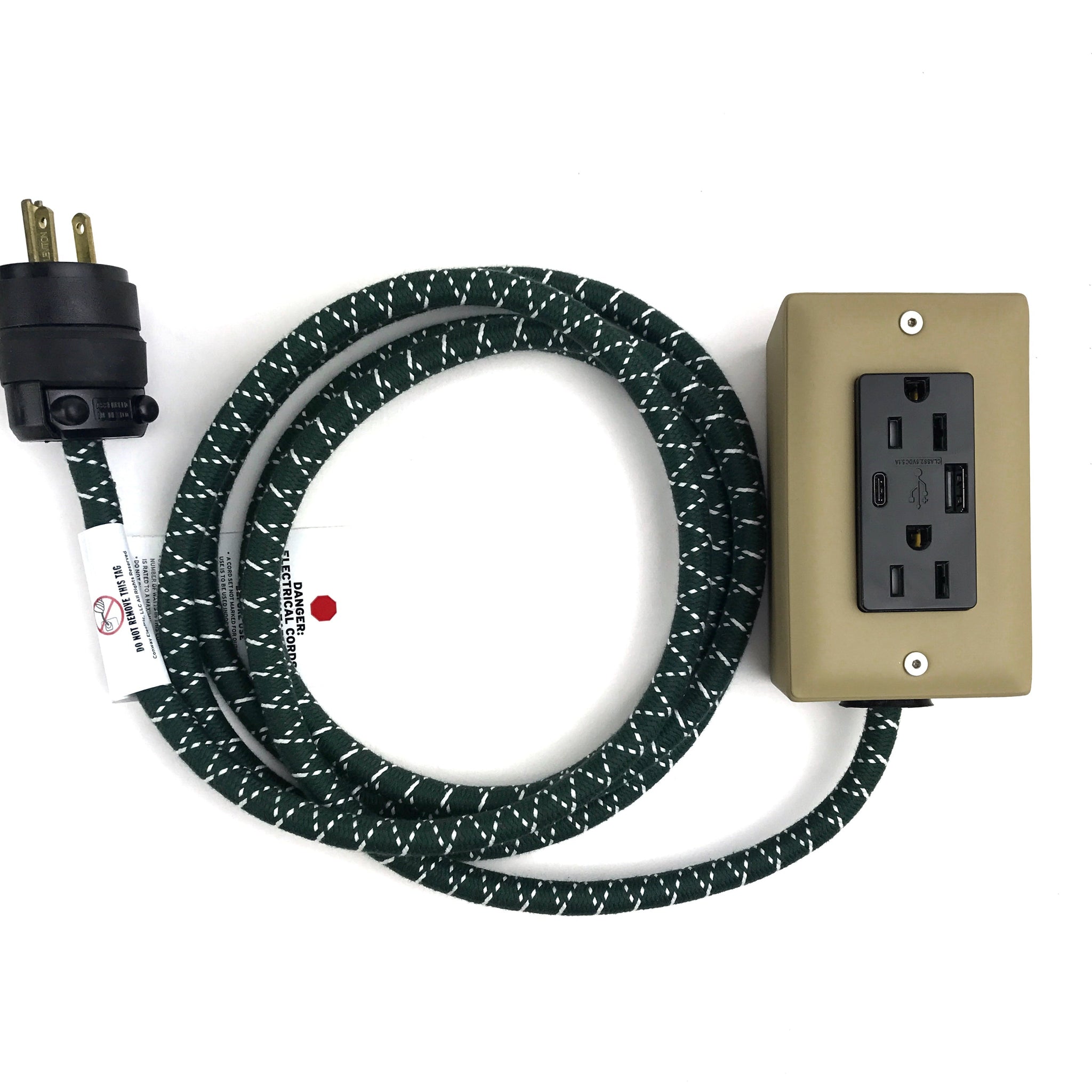 New! The First Smart Chip USB Type C® Forest Park Beige & Green Extension Cord - 8' Extō USBA/USBC Port, Dual-Outlet Power Cord
