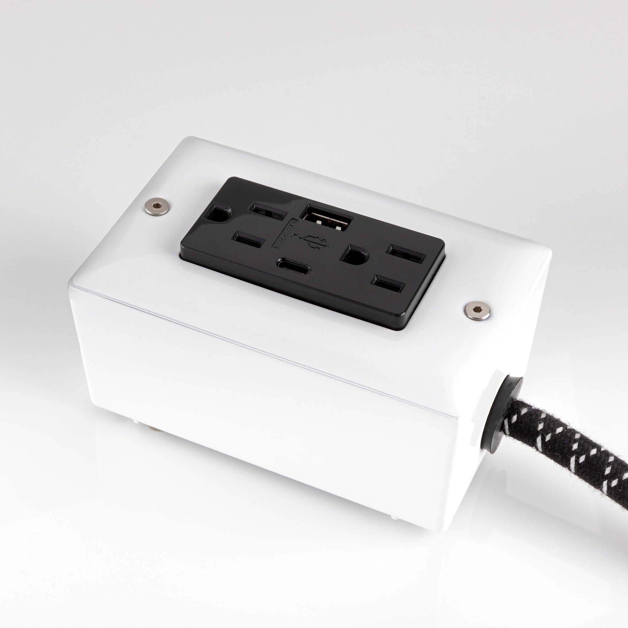 New! The First Smart Chip USB Type C® ⚡️AC/DC⚡️ Black & White Extension Cord - 8' Extō USBA/USBC Port, Dual-Outlet Power Cord