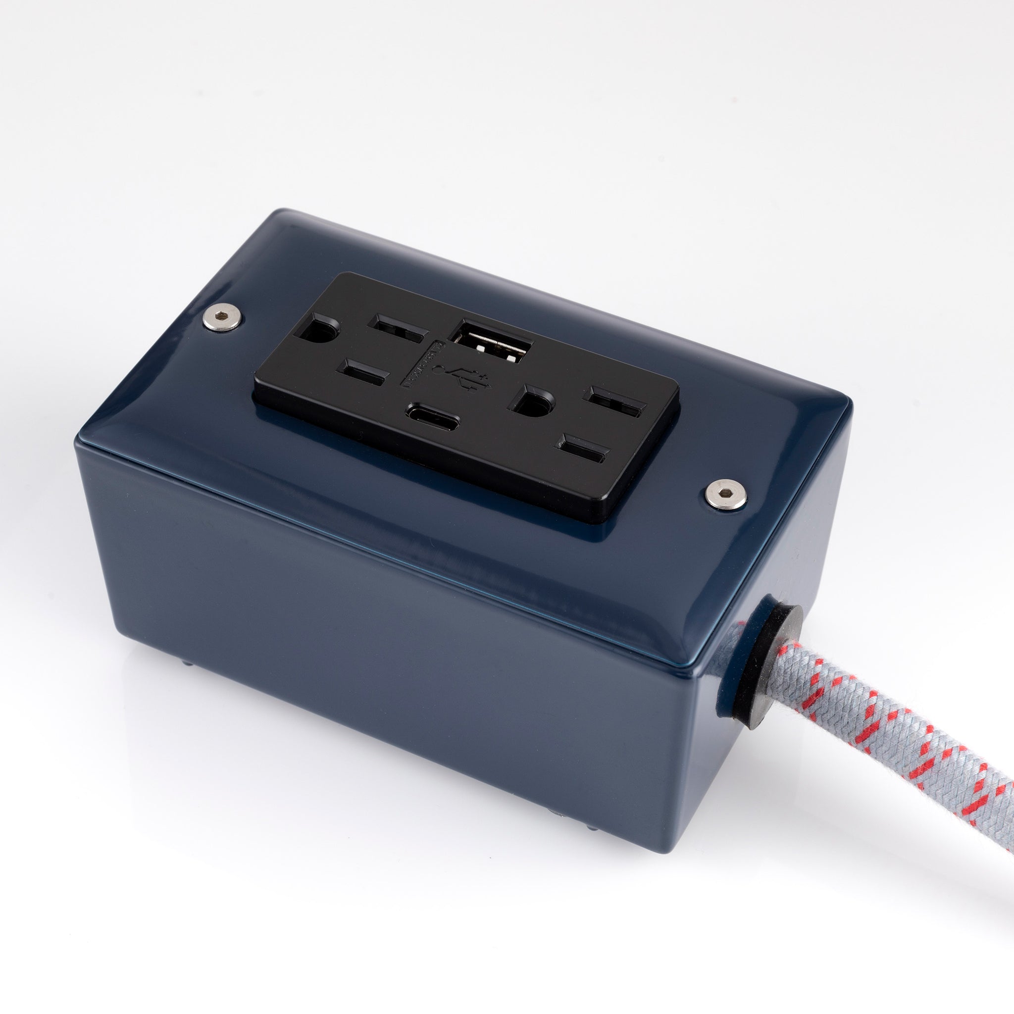 New! The First Smart Chip USB Type C® Navy Blue Extension Cord - 8' Extō USBA/USBC Port, Dual-Outlet Power Cord