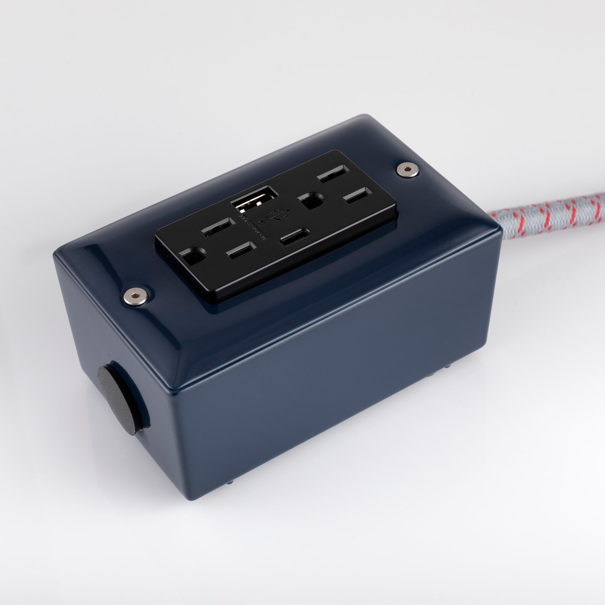 New! The First Smart Chip USB Type C® Navy Blue Extension Cord - 8' Extō USBA/USBC Port, Dual-Outlet Power Cord