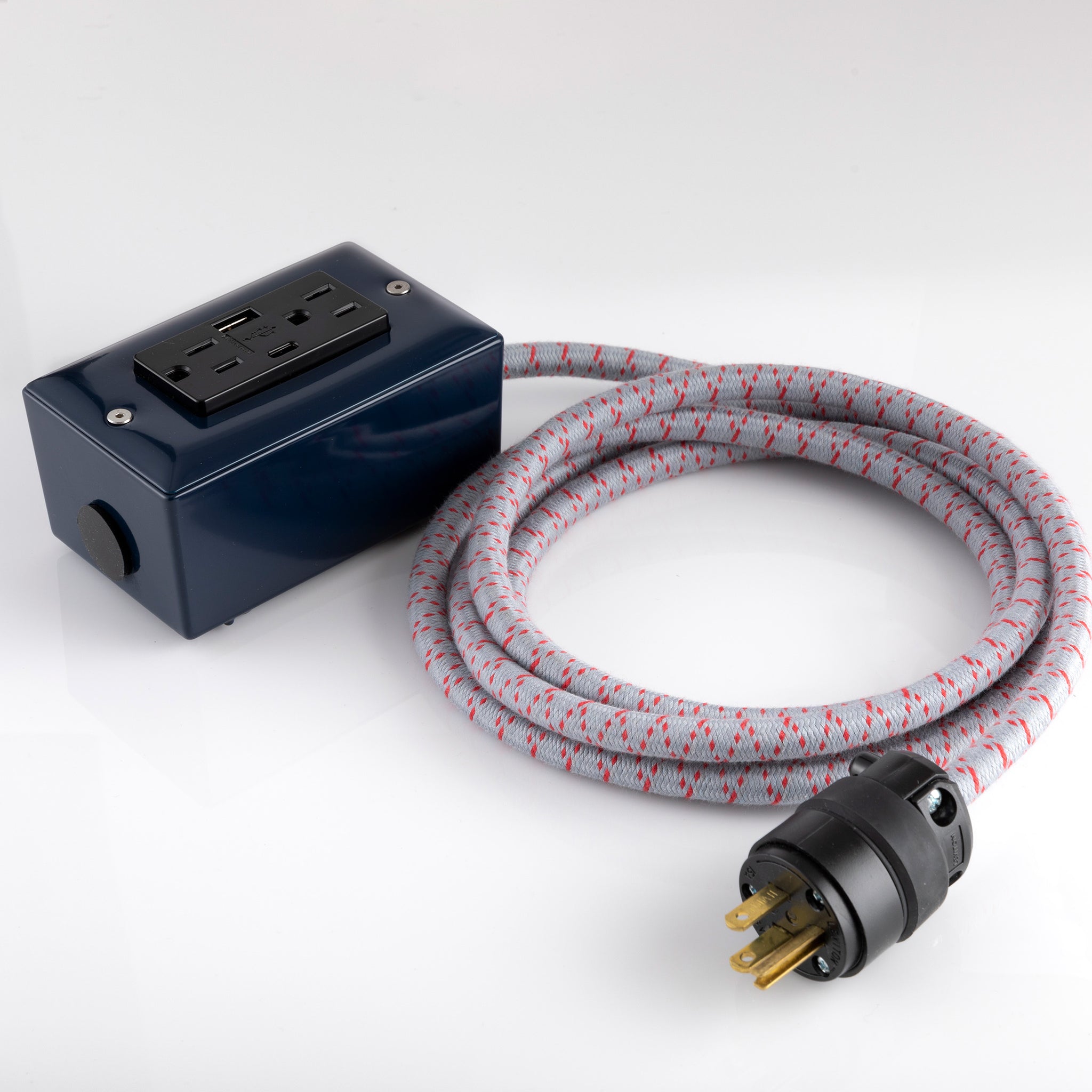 New! The First Smart Chip USB Type C® Navy Blue Extension Cord - 8' Extō USBA/USBC Port, Dual-Outlet Power Cord