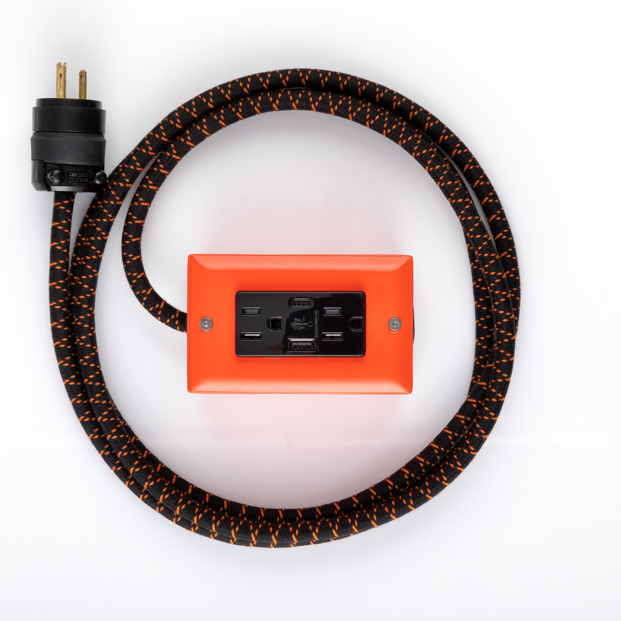 New! The First Smart Chip USB Type C® Pumpkin Orange Extension Cord - 8' Extō USBA/USBC Port, Dual-Outlet Power Cord