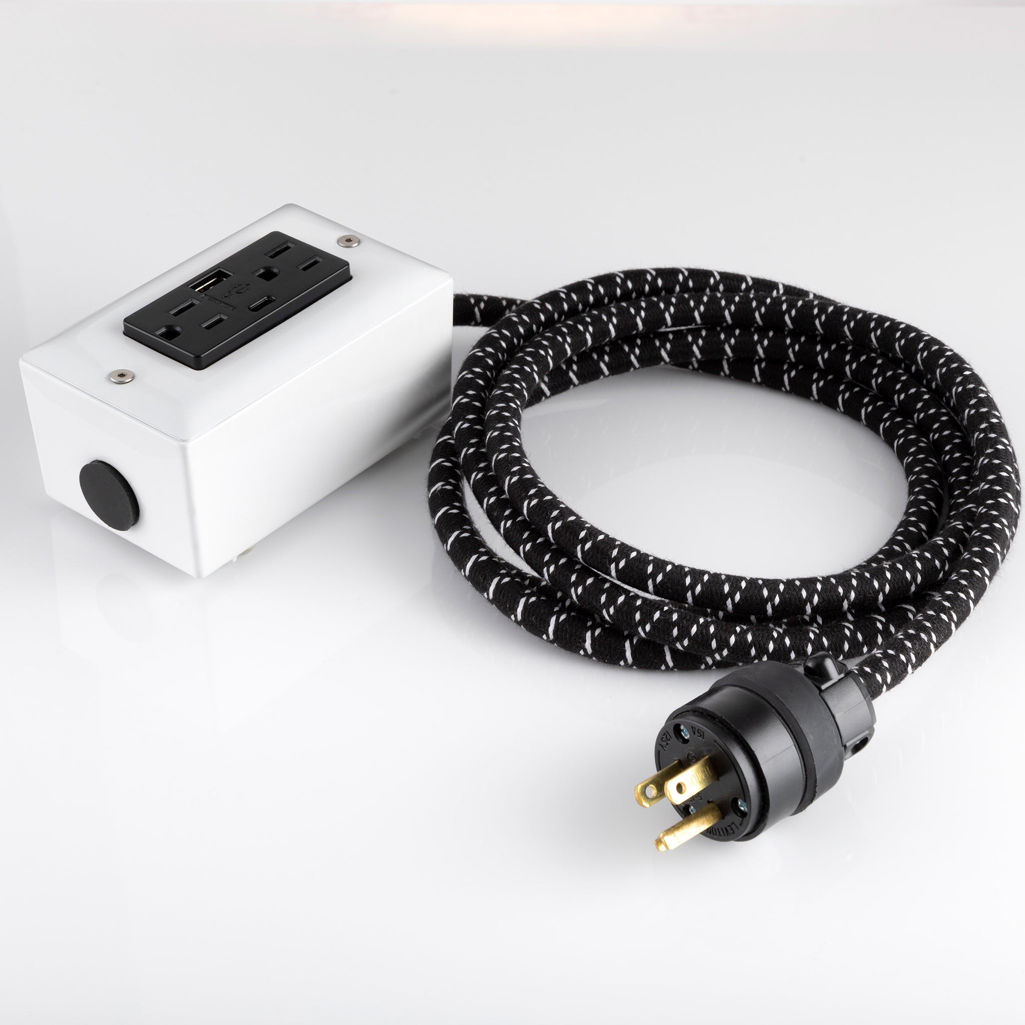 New! The First Smart Chip USB Type C® ⚡️AC/DC⚡️ Black & White Extension Cord - 8' Extō USBA/USBC Port, Dual-Outlet Power Cord