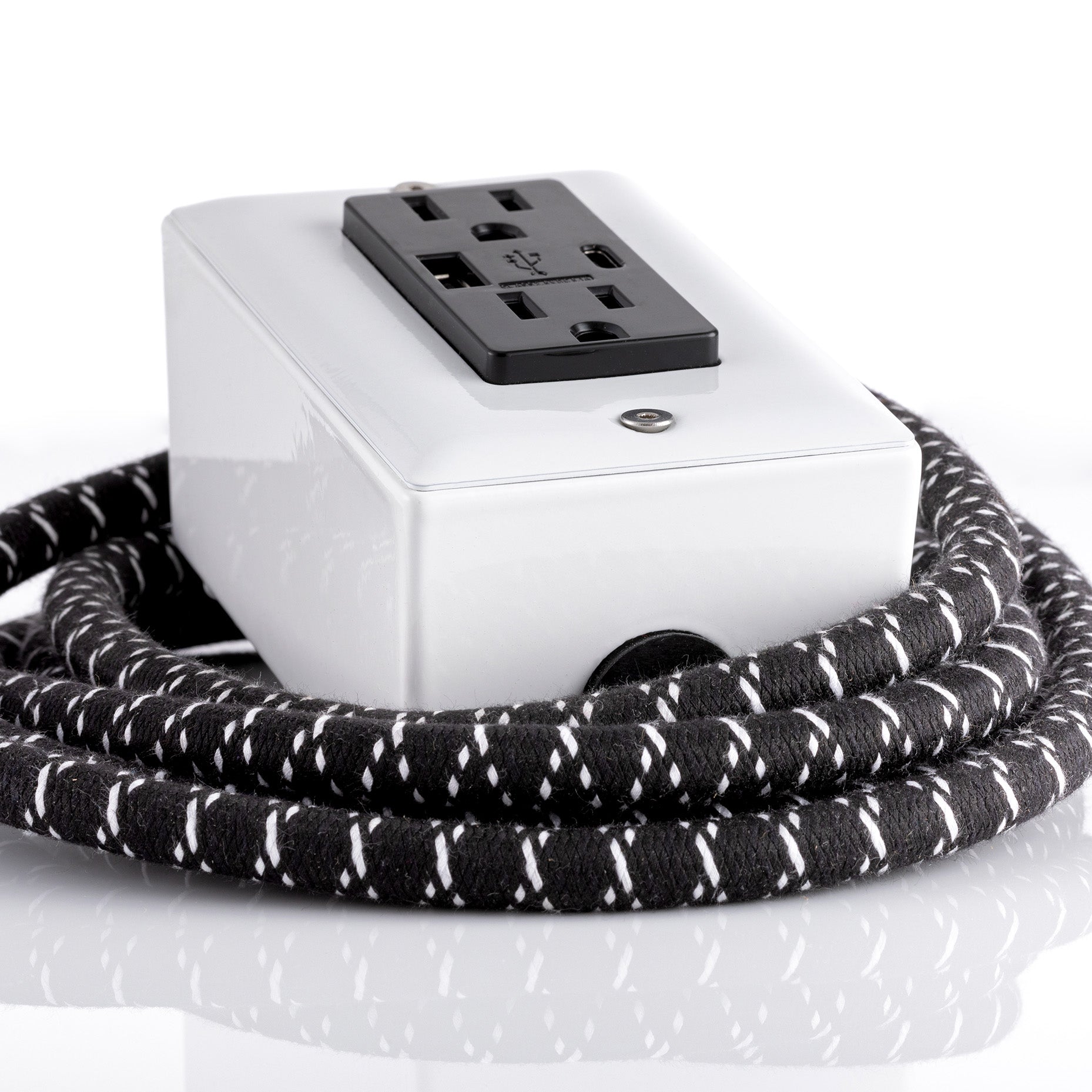 New! The First Smart Chip USB Type C® ⚡️AC/DC⚡️ Black & White Extension Cord - 8' Extō USBA/USBC Port, Dual-Outlet Power Cord