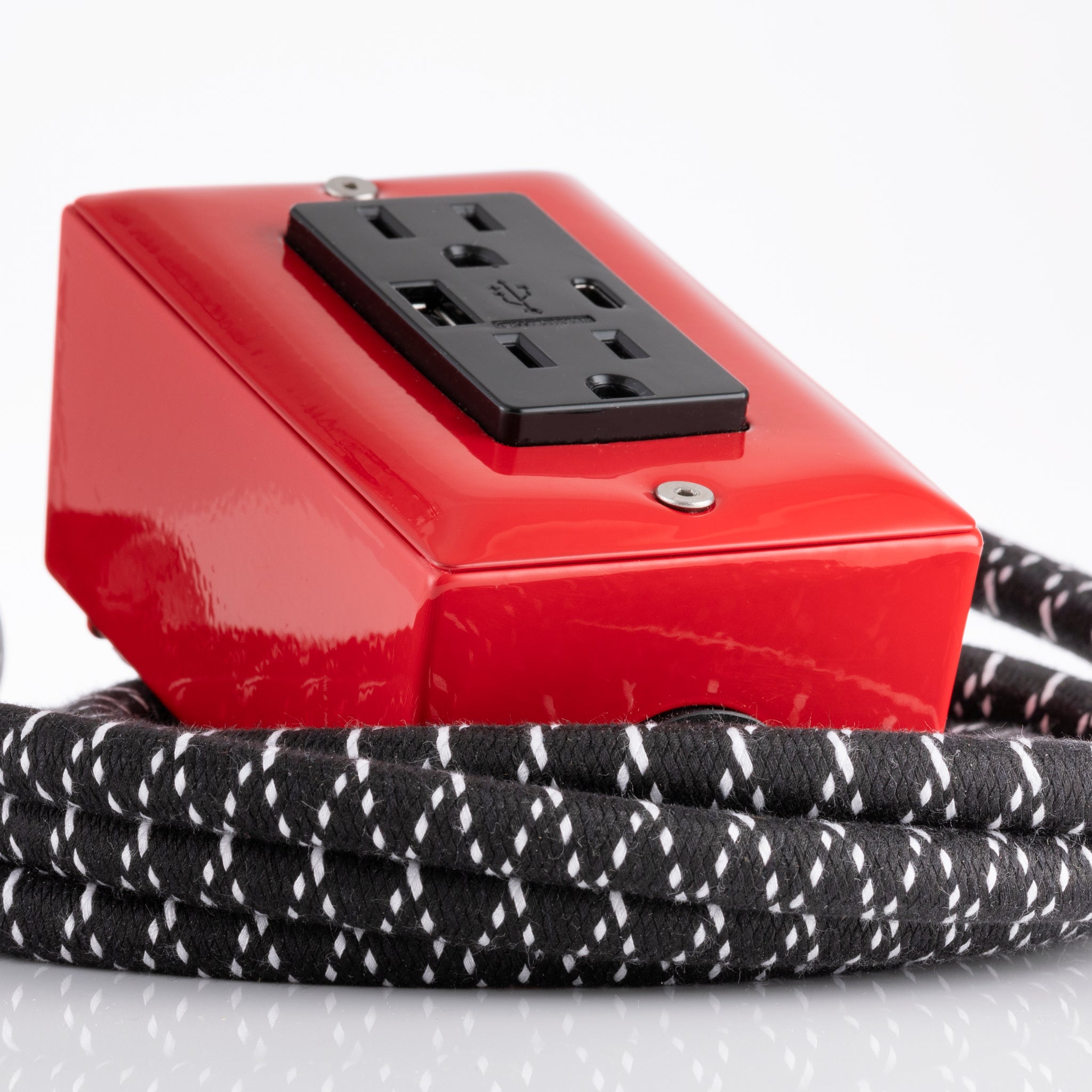 New! The First Smart Chip USB Type C® Bottle Rocket Red Extension Cord - 8' Extō USBA/USBC Port, Dual-Outlet Power Cord