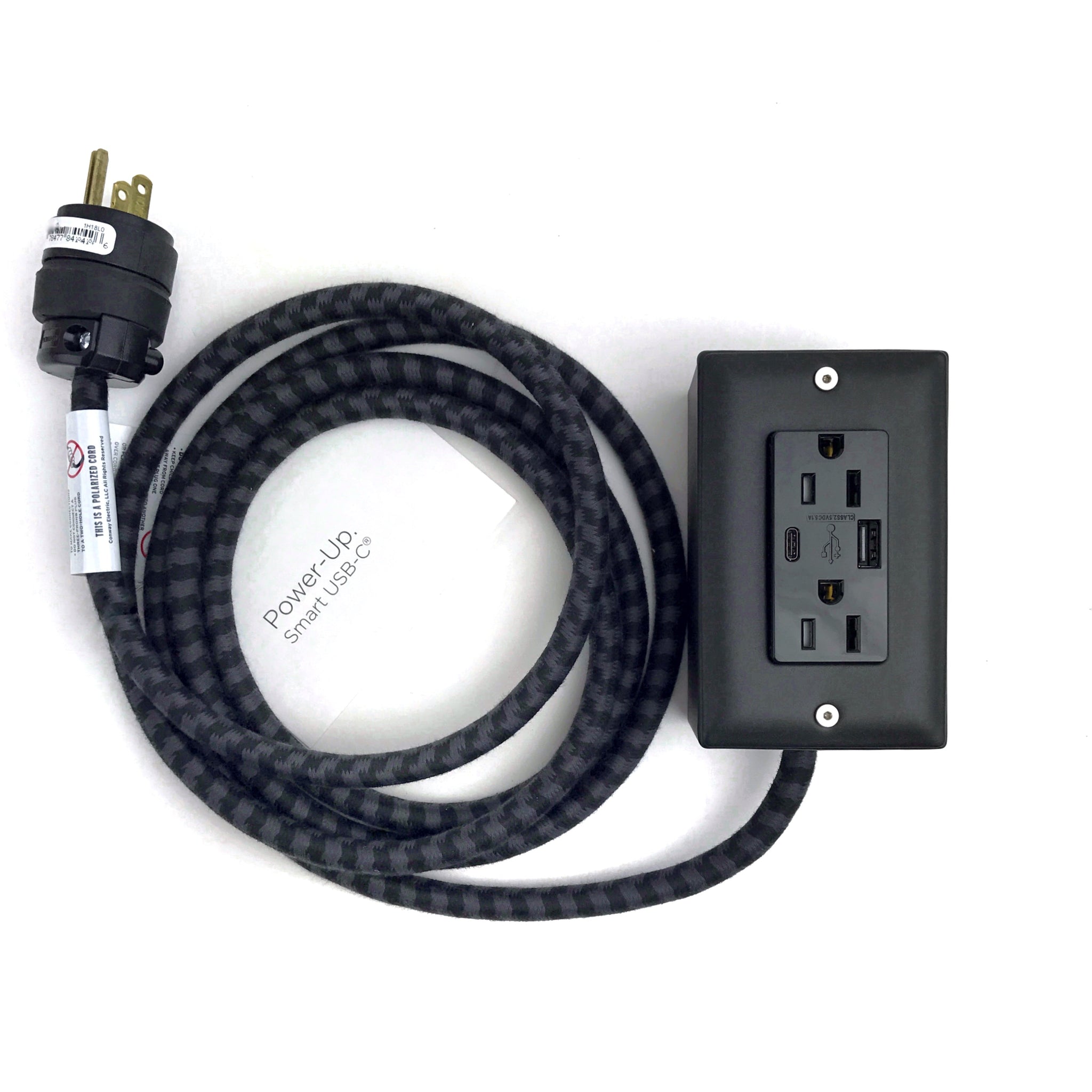 New! The First Smart Chip USB Type C® Carrara Black Extension Cord - 8FT Extō USBA/USBC Port, Dual-Outlet Power Cord