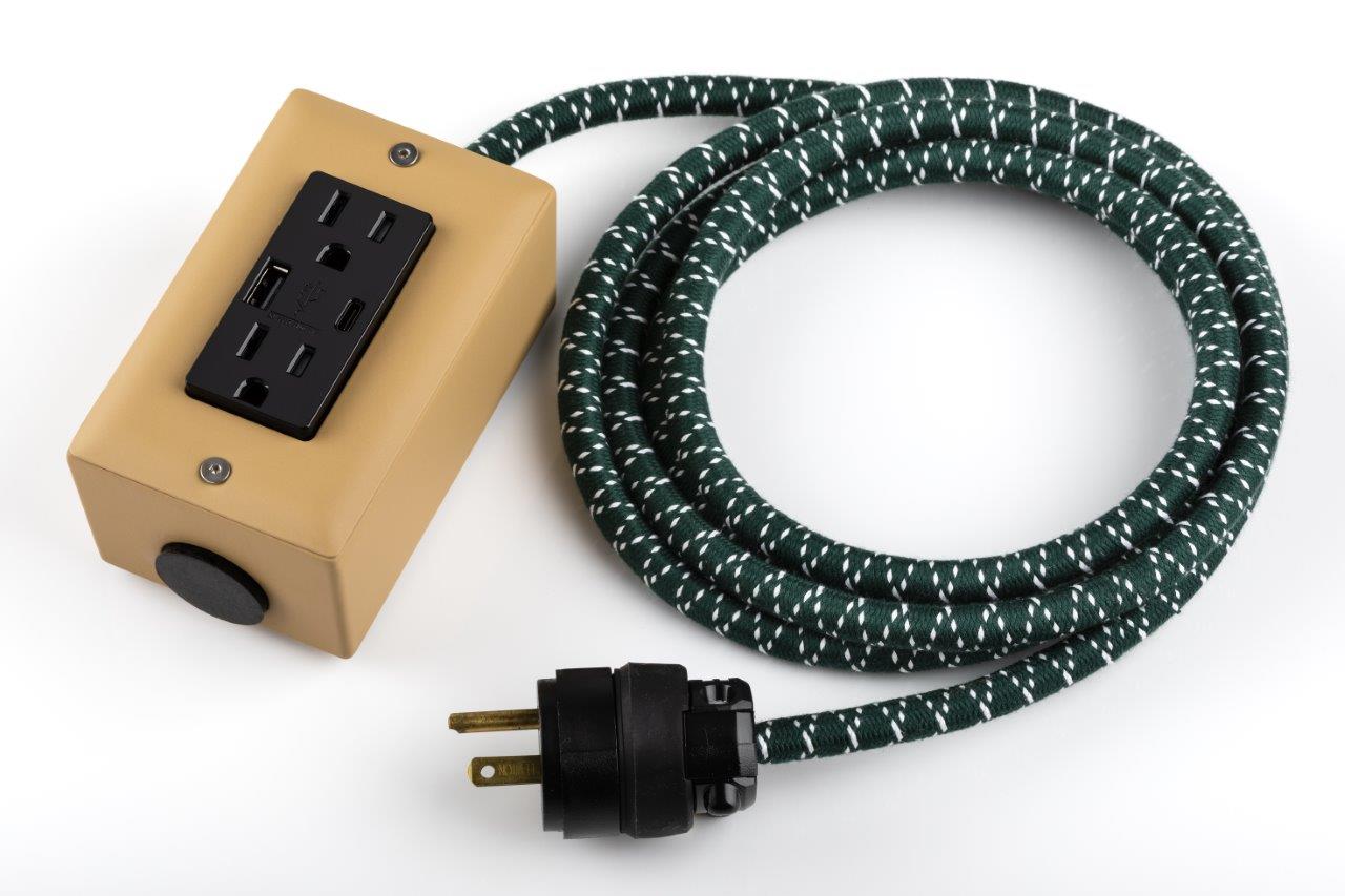 New! The First Smart Chip USB Type C® Forest Park Beige & Green Extension Cord - 8' Extō USBA/USBC Port, Dual-Outlet Power Cord