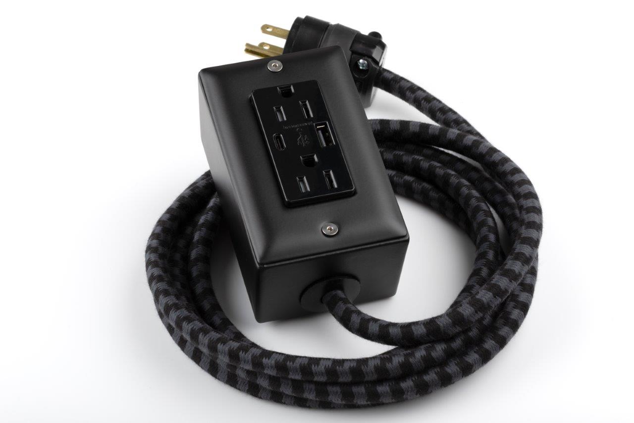 New! The First Smart Chip USB Type C® Carrara Black Extension Cord - 8FT Extō USBA/USBC Port, Dual-Outlet Power Cord