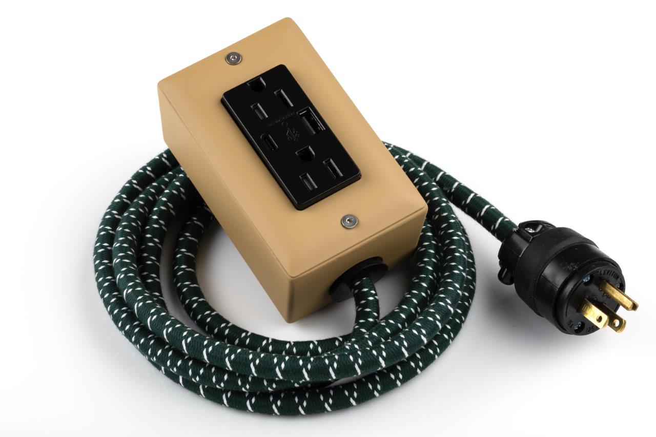 New! The First Smart Chip USB Type C® Forest Park Beige & Green Extension Cord - 8' Extō USBA/USBC Port, Dual-Outlet Power Cord