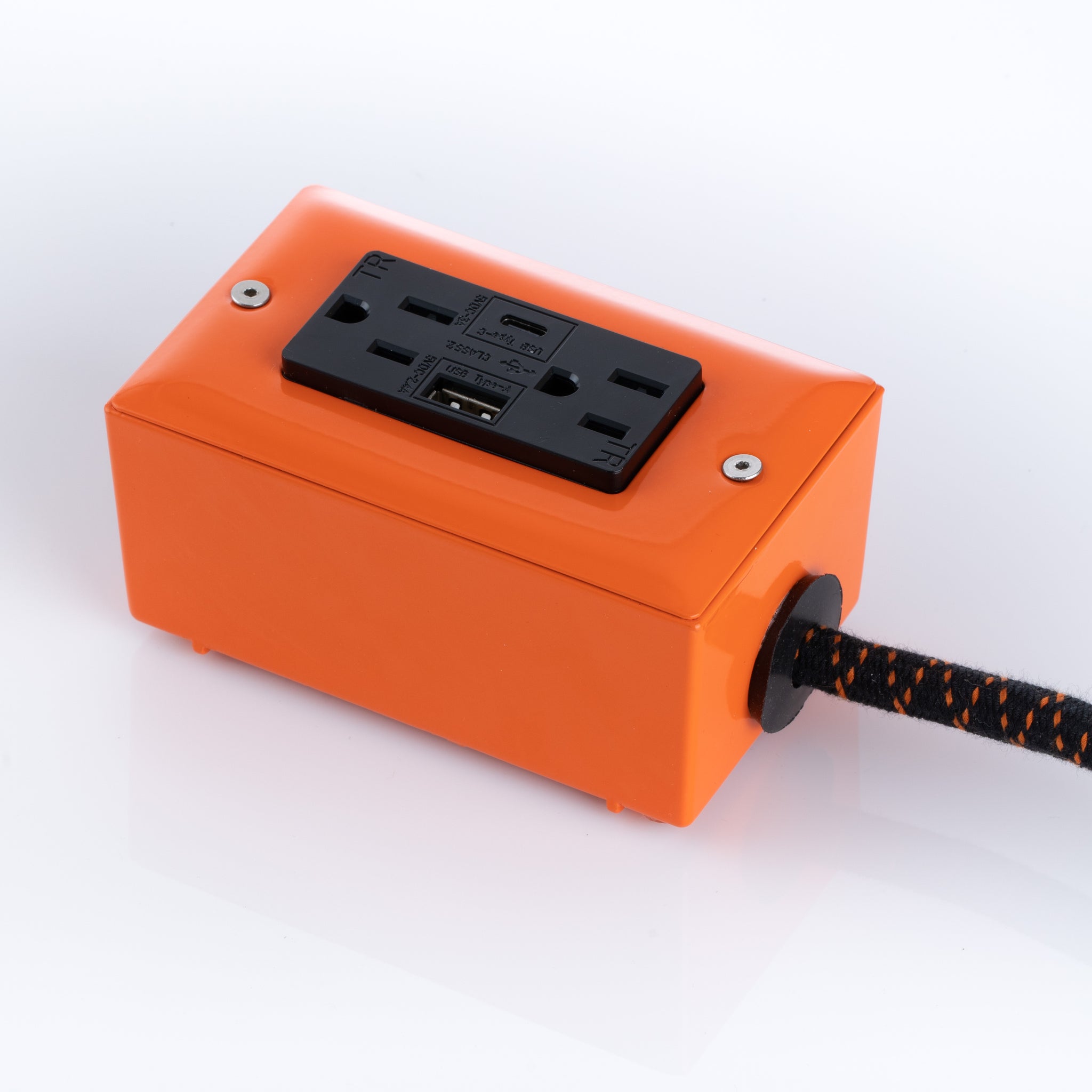 New! The First Smart Chip USB Type C® Pumpkin Orange Extension Cord - 8' Extō USBA/USBC Port, Dual-Outlet Power Cord