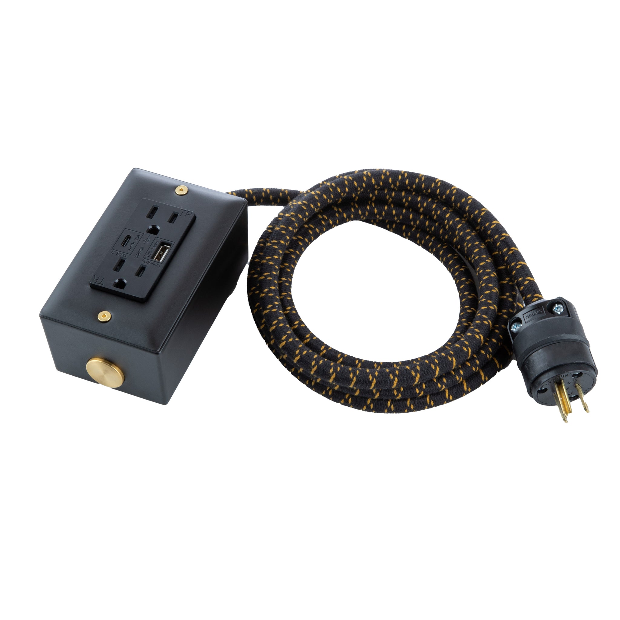 New! Extō USBC Carrara Black & Brass - The First Smart Charging USB Type C® Power Extension - USBC Dual-Outlet 15AMP Power Cord