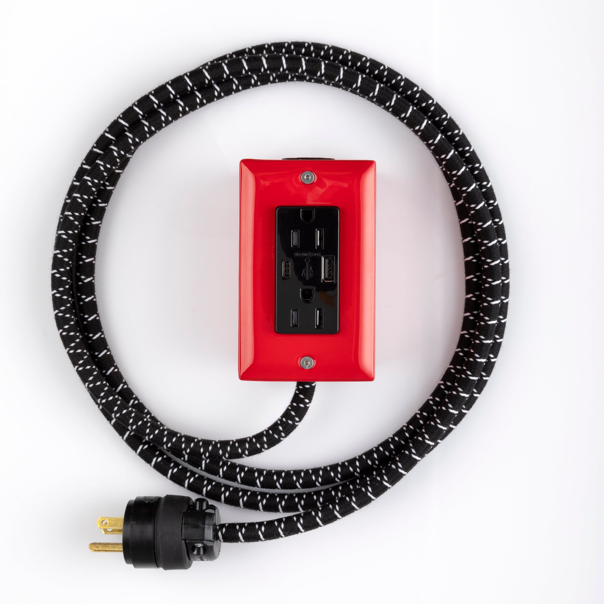 New! The First Smart Chip USB Type C® Bottle Rocket Red Extension Cord - 8' Extō USBA/USBC Port, Dual-Outlet Power Cord