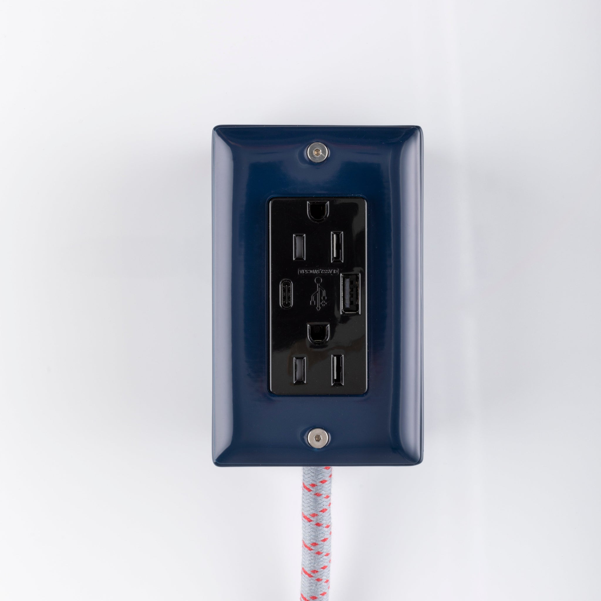 New! The First Smart Chip USB Type C® Navy Blue Extension Cord - 8' Extō USBA/USBC Port, Dual-Outlet Power Cord