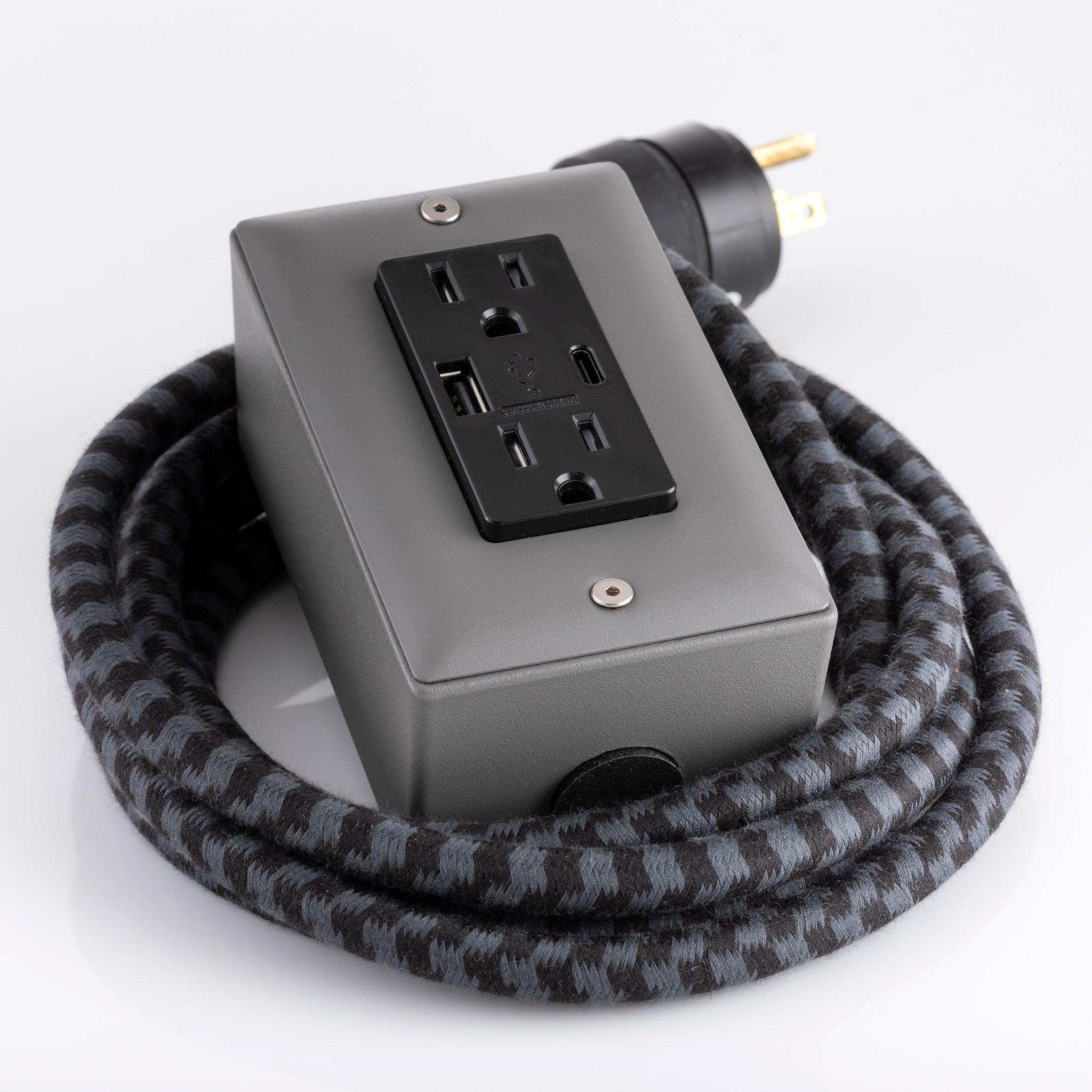 New! The First Smart Chip USB Type C® Humboldt Fog Gray Extension Cord - 8' Extō USBA/USBC Port, Dual-Outlet Power Cord