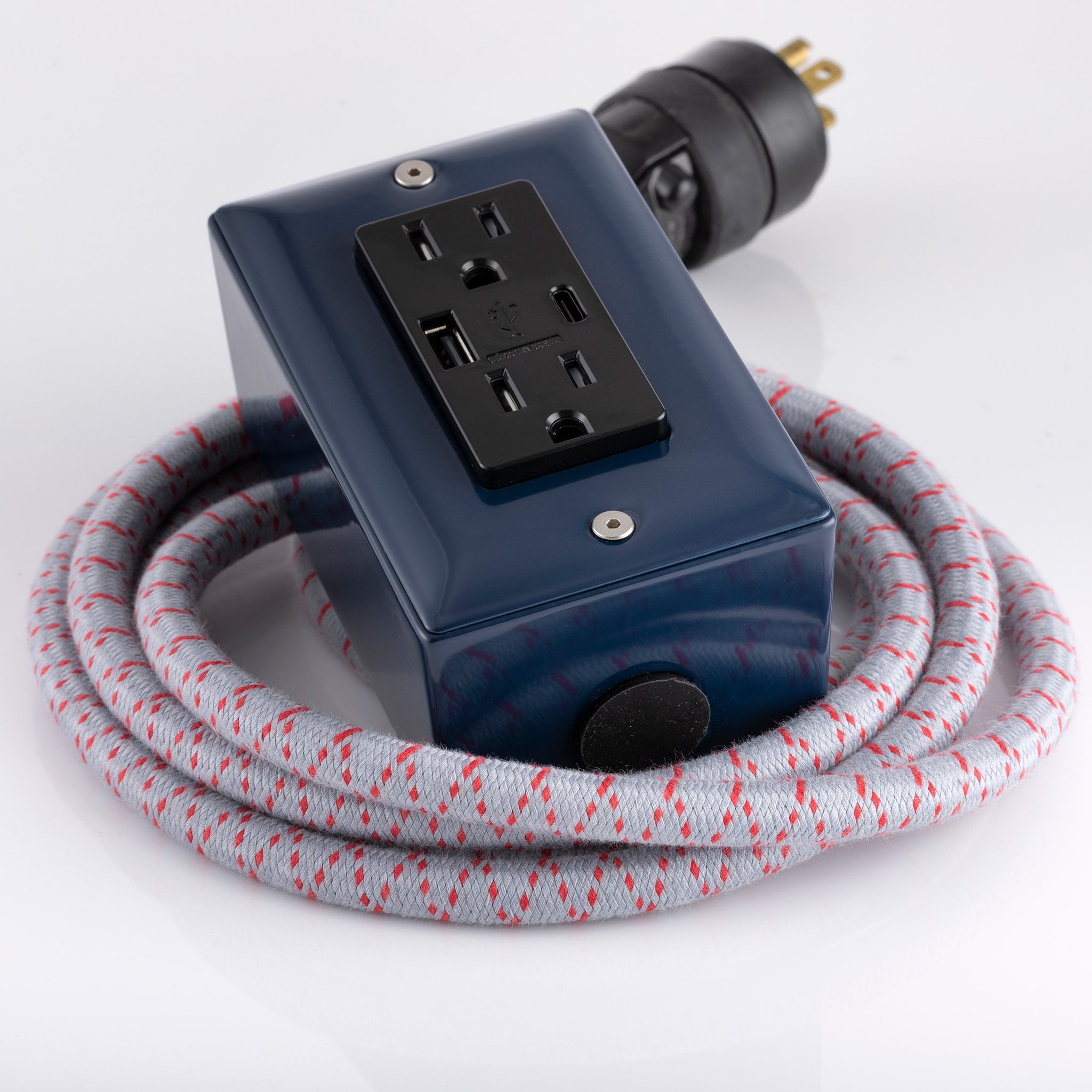New! The First Smart Chip USB Type C® Navy Blue Extension Cord - 8' Extō USBA/USBC Port, Dual-Outlet Power Cord