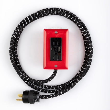 New! The First Smart Chip USB Type C® Bottle Rocket Red Extension Cord - 8' Extō USBA/USBC Port, Dual-Outlet Power Cord
