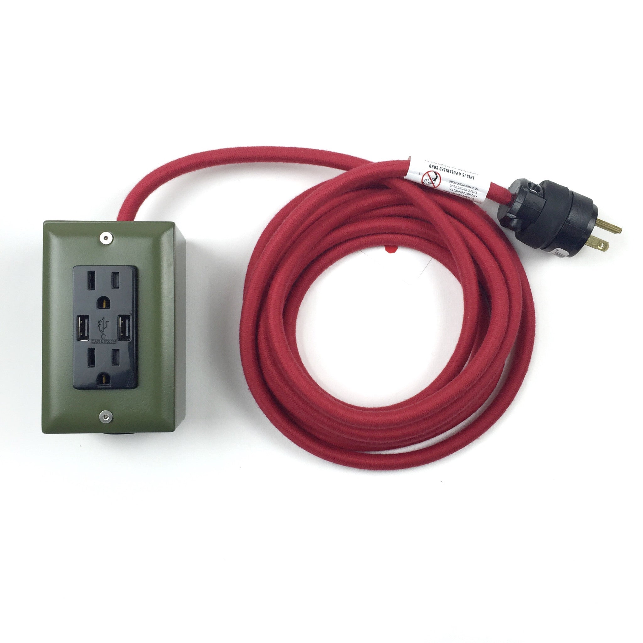 The First Smart Chip Extension Cord - 12' Extō Dual-USB, Dual-Outlet - 4077th Green