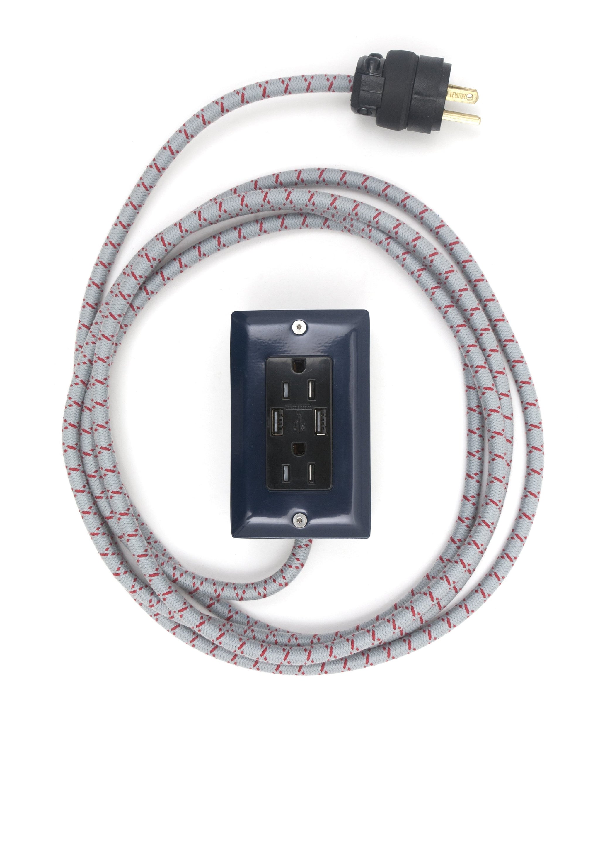 The First Smart Chip Extension Cord - 12' Extō Dual-USB, Dual-Outlet - Navy Blue