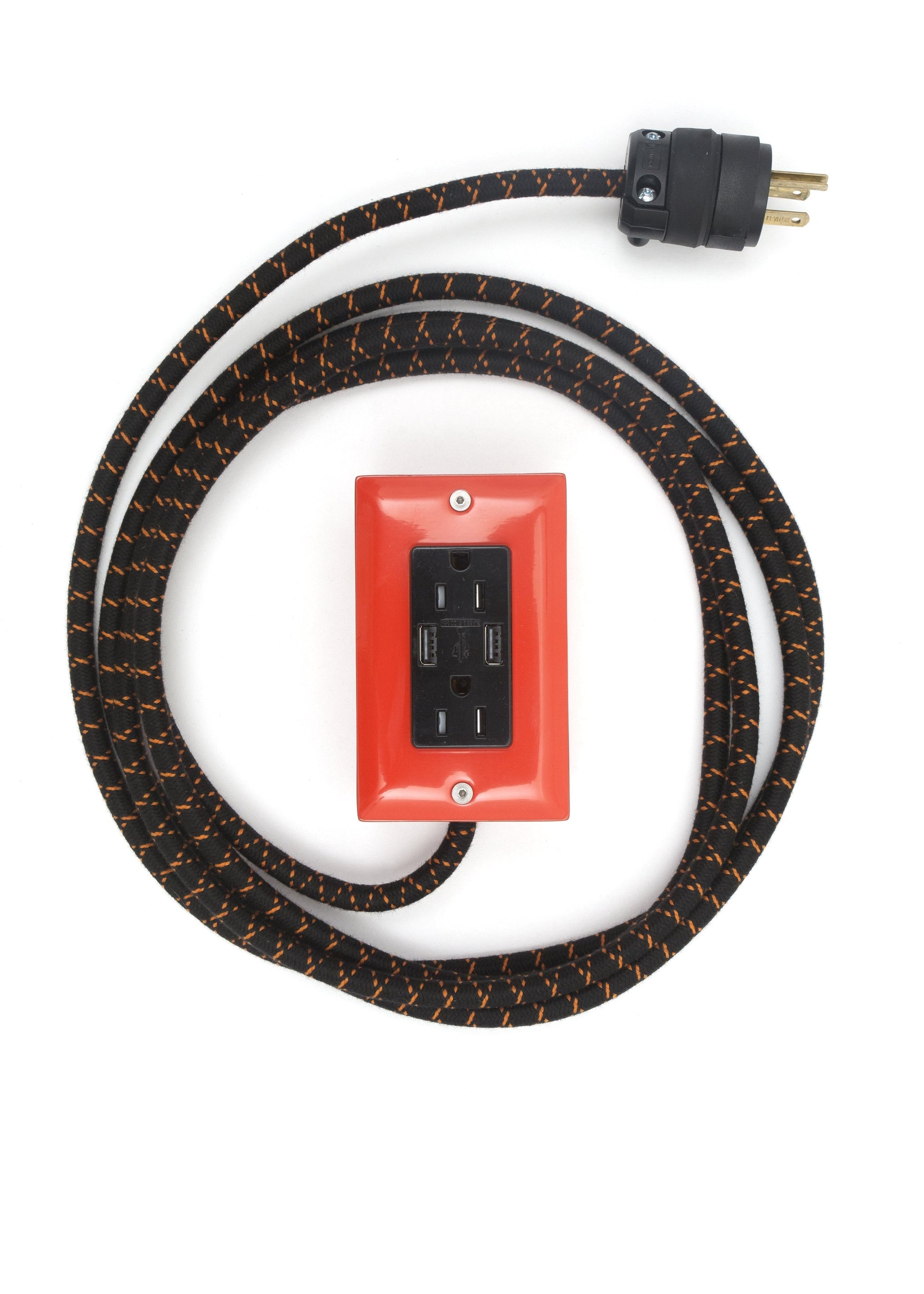 The First Smart Chip Extension Cord - 12' Extō Dual-USB, Dual-Outlet - Pumpkin Orange