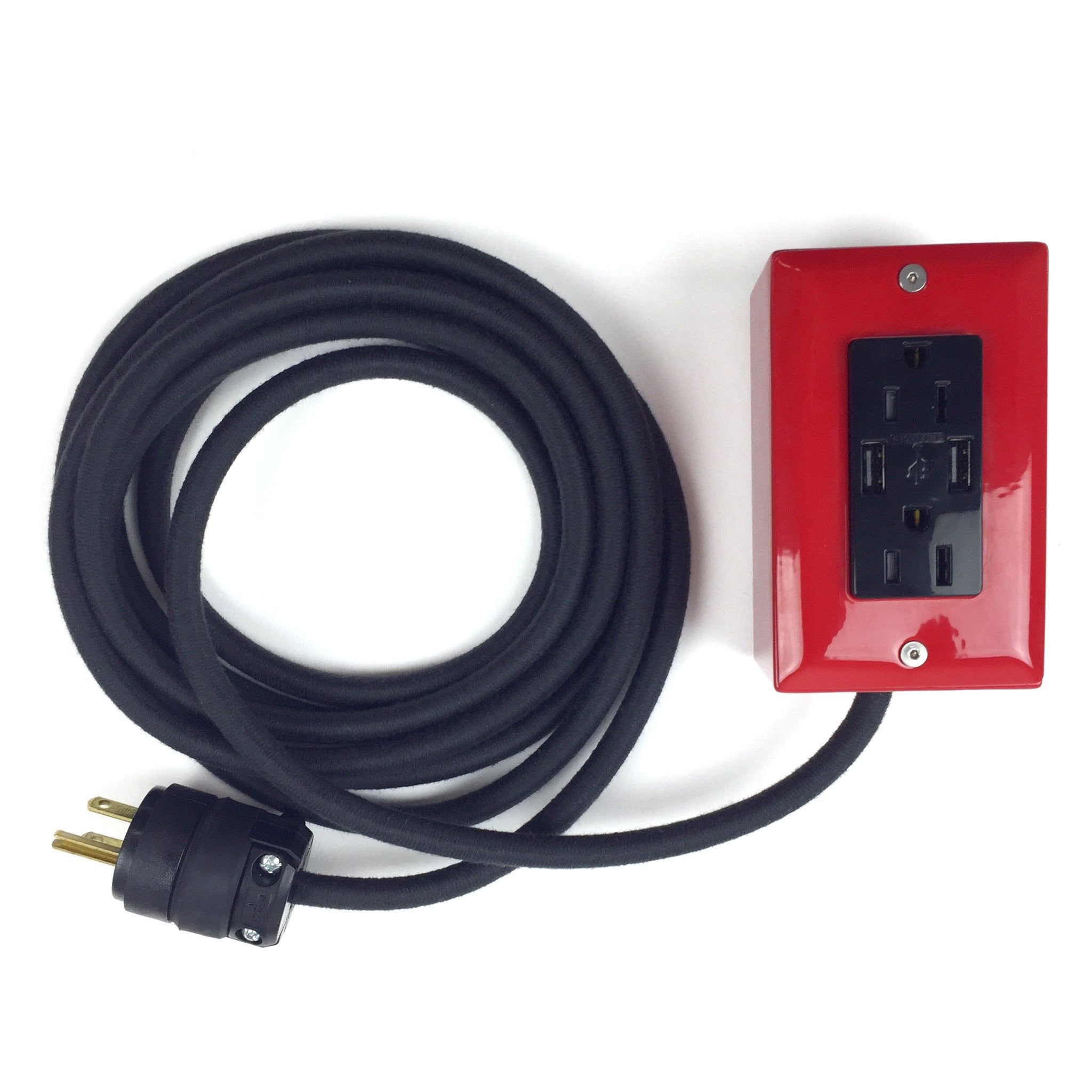 The First Smart Chip Extension Cord - 12' Extō Dual-USB, Dual-Outlet - Charcoal Red